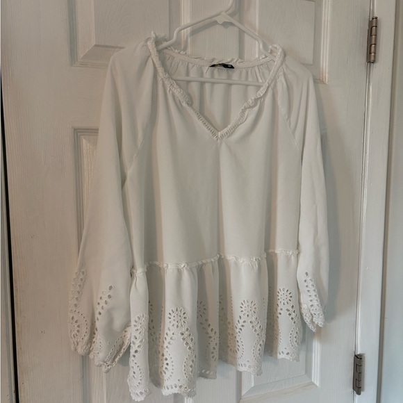White Eyelet Lace Peplum Blouse Boho Cottagecore Flowy Top Size L - Picture 6 of 7